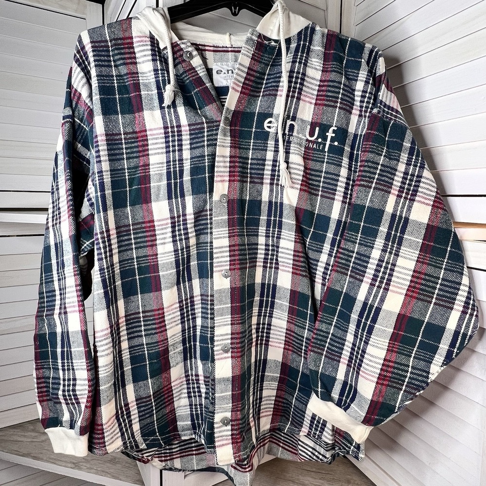 e.n.u.f. Internationale Plaid Metal Button Hood Flannel USA Women's Lg Vtg! FLAW